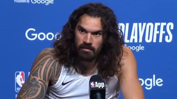 New Zealand NBA star Steven Adams drops his guard during a press conference. 