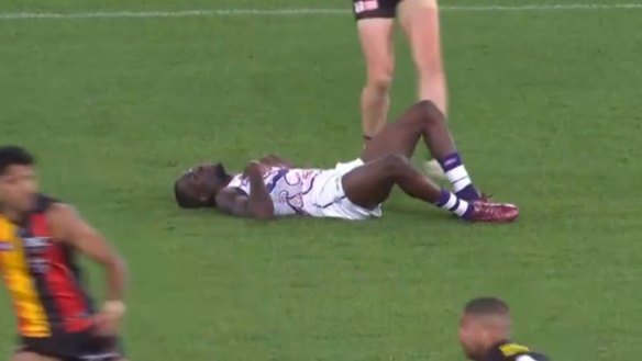 Fremantle's Michael Frederick came off second best after a collision with St Kilda's Jimmy Webster during a marking contest on Saturday night.