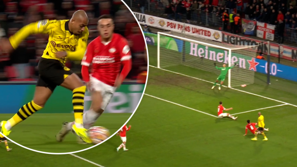 A fierce strike takes a crucial deflection to give Dortmund the lead over PSV.