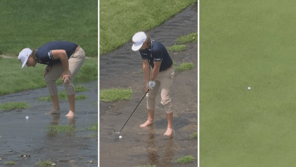 Cameron Smith has managed to save par after taking his shoes off to play his second shot from a creek at the par-five 7th in the first round of the PGA Championship.