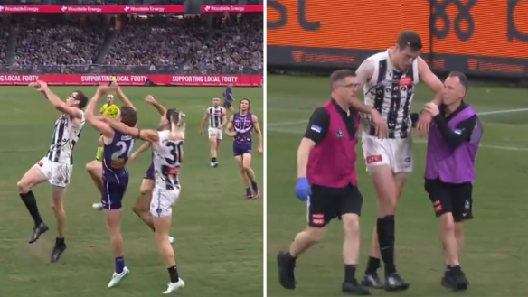 Collingwood's Mason Cox was subbed off after a heavy fall that saw his knee caught under him against Fremantle.