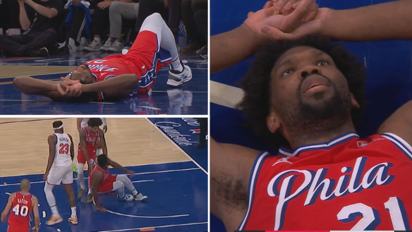 76ers star Joel Embiid was in pain after this incredible dunk in the NBA playoffs.