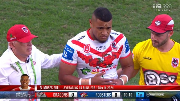 Dragons centre Mosese Suli was ruled out of the remainder of the Anzac Day clash after a head clash with Jared Waerea-Hargreaves off the kickoff.