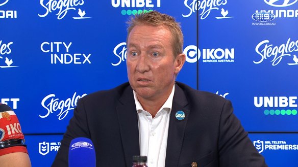 Sydney Roosters coach Trent Robinson fires up in his media conference, alongside captain James Tedesco, after falling short to the Melbourne Storm.