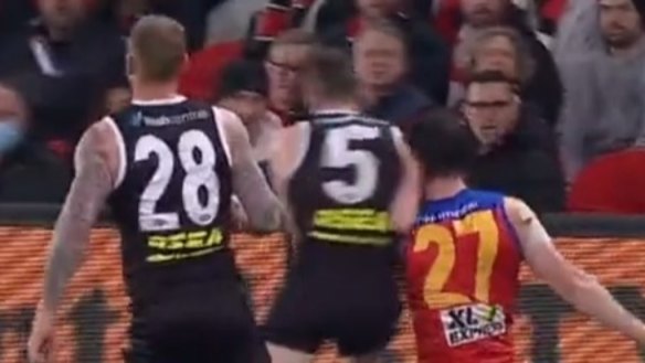 St Kilda star Brad Crouch could find himself suspended over this hit on Darcy Gardiner