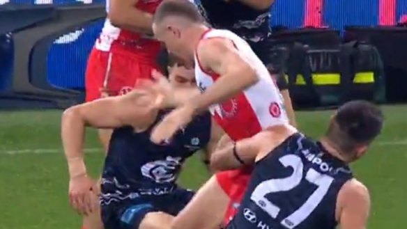 Swan Chad Warner could come under fire for a late elbow on Calrton's Marc Pittonet.