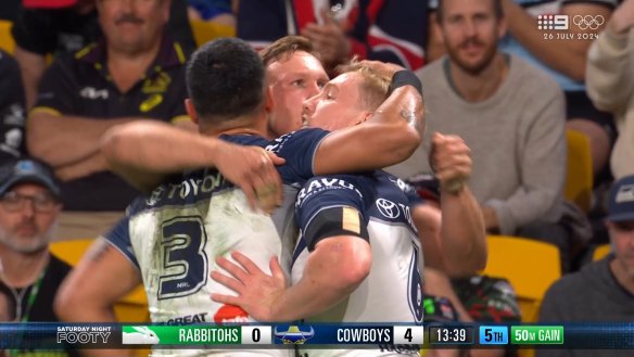 Some magic from Murray Taulagi set Tommy Dearden up for the Cowboys second of the nights against Souths.