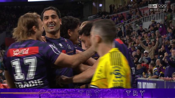 A sensational kick from Cameron Munster has set Xavier Coates up to score a first half hat-trick against the Rabbitohs in Melbourne