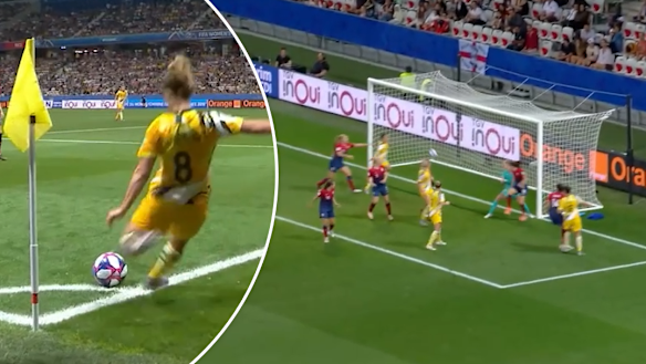 Australia's Elise Kellond-Knight scores a goal off a corner against Norway during the 2019 FIFA Women's World Cup.