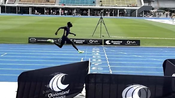 Gout Gout wins the final of the under-20 100 metres at the Queensland athletics championships in Brisbane, clocking 10.20 seconds.