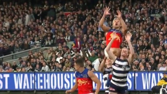 Brisbane forward Kai Lohamann took a spectacular mark against Geelong in the preliminary final on Saturday.