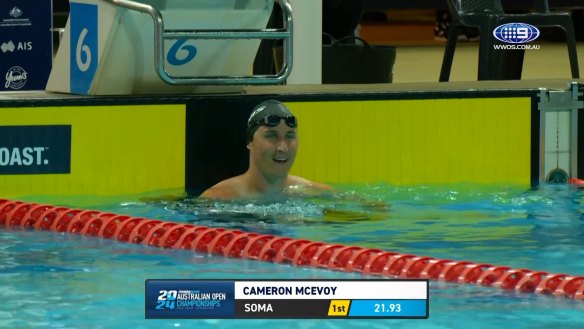 Cameron McEvoy took out the men's 50m freestyle at the 2024 Australian swimming championships on the Gold Coast, beating Kyle Chalmers with a time of 21.93 seconds.