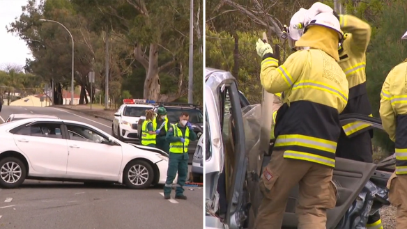 Two people have been arrested after an allegedly stolen car smashed into a pregnant driver.