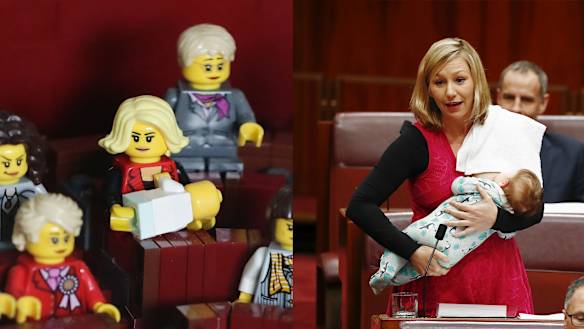 Senator Larissa Waters breastfeeding. Lego replica of Parliament House to commemorate the 30th anniversary of the building for the Parliament House open day in Canberra on Friday 5 October 2018.

And

Senator Larissa Waters with her baby Alia, puts forward a motion on lung disease, in the Senate at Parliament House in Canberra on Thursday 22 June 2017. fedpol

both photos: Alex Ellinghausen .