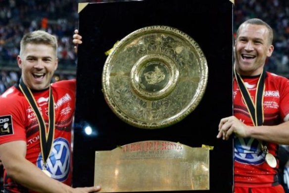 Winners are grinners: Drew Mitchell and Matt Giteau after winning a title for Toulon.