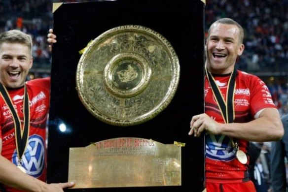 Winners are grinners: Drew Mitchell and Matt Giteau after winning a title for Toulon.