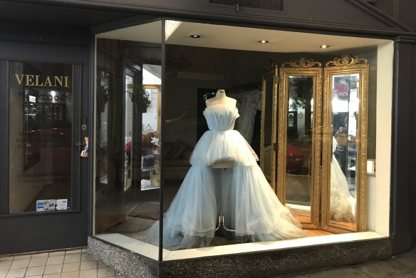 Back on the rack: Roxy Jacenko's mullet dress in the window of Five Dock "couturier" Velani 48 hours after the Gold Dinner.