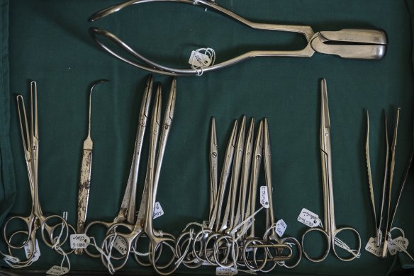 Surgical instruments laid out in the St Thomas Hospital operating theatre hark back to the days when medical equipment was little more than a bloody hacksaw.