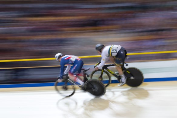 High ground: World champion Matthew Glaetzer of Australia, right, beats silver medalist Jack Carlin of Britain, left, in the final of the men's sprint at the World Championships.