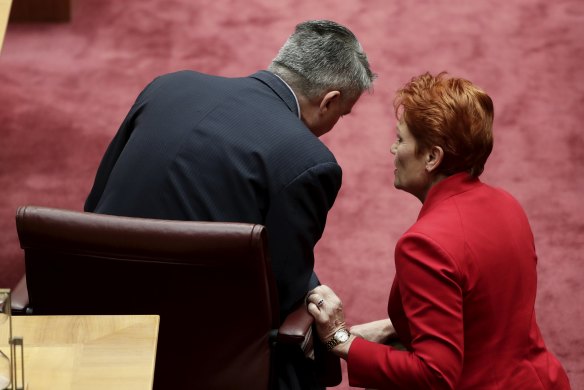 Finance Minister Mathias Cormann in discussion with One Nation leader Pauline Hanson.