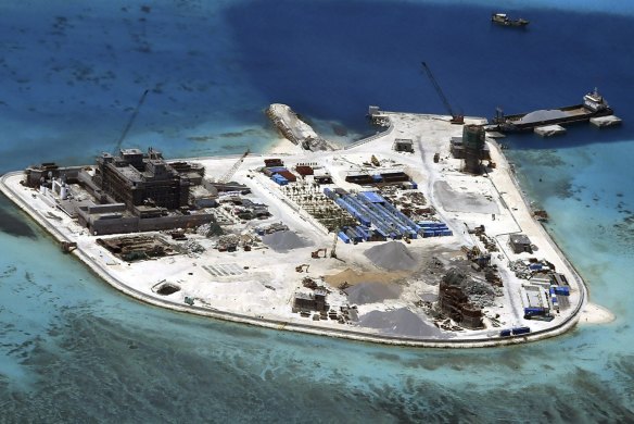 A Chinese base under construction on Mabini (Johnson) Reef, one of the disputed Spratly Islands in the South China Sea.