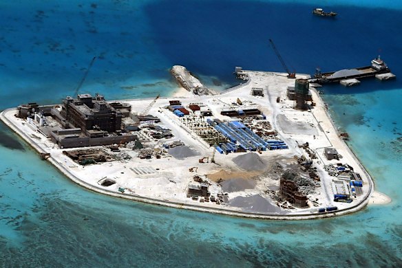 A Chinese base under construction on Mabini (Johnson) Reef, one of the disputed Spratly Islands in the South China Sea.