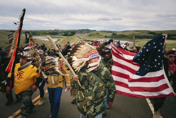 A protest march to a sacred burial ground at the Standing Rock Indian Reservation in North Dakota, in 2016.