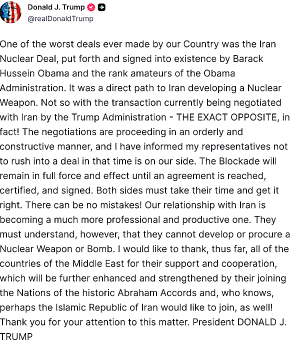Trump ha scritto sui social media che è importante “non affrettarsi a concludere un accordo”.