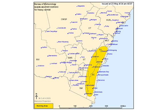 A severe weather warning is in place on the NSW South Coast.