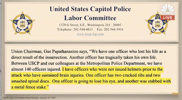 Evidence presented to Donald Trump’s impeachment trial details the loss of life and injuries sustained by police officers guarding the Capitol building.