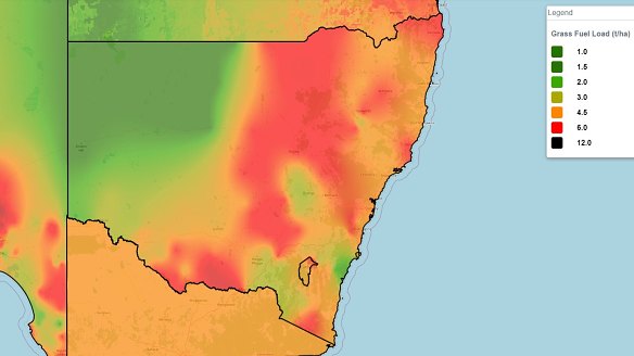 NSW RFS maps show big grass fuel loads in西方。” loading=