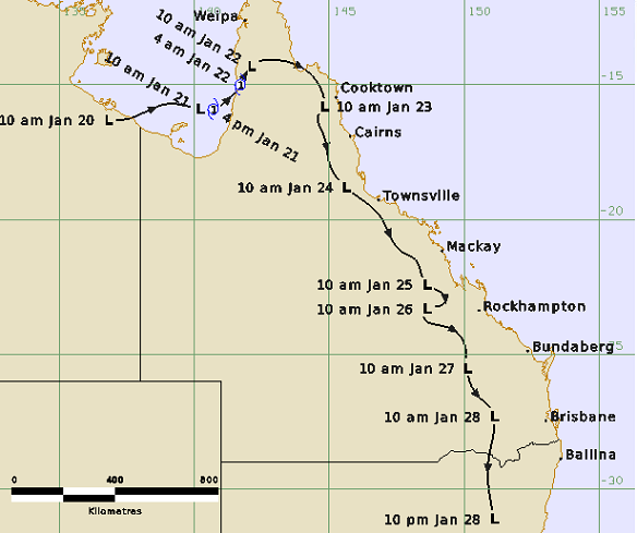 The path of Cyclone Oswald which crossed the far north coast, but caused severe flooding in south-east Queensland. 