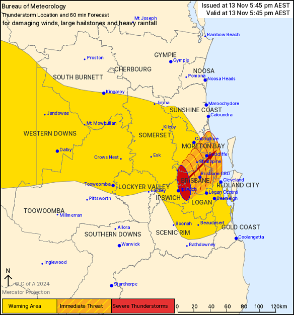 The Bureau of Meteorology warned at 5.45pm that the Brisbane CBD is in an immediate threat zone.