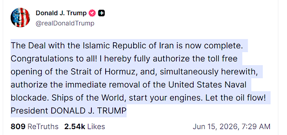 Trump's post on Truth Social announcing the deal.
