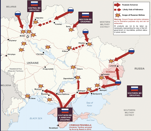 A map drawn up by the UK’s Defence Intelligence Unit showing the Russian advance on Ukraine on Tuesday, March 1, 2022.