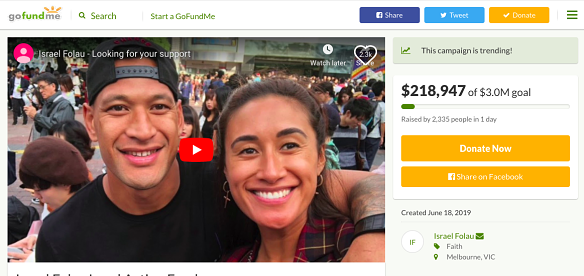 A screenshot of Israel Folau's GoFundMe page just after midday on Friday, 12 hours after the site went live. 