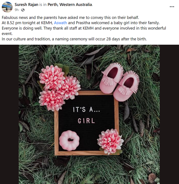 Parents of seven-year-old Aishwarya Aswath have welcomed a baby girl into the world.