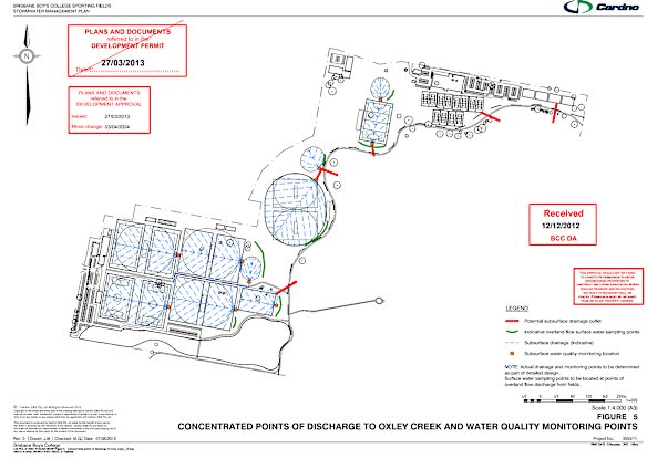 Planos de drenagem para a área esportiva de Oxley Road do Brisbane Boys 'College.