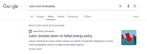 Google News tab results for a search of “Labor and renewables”.