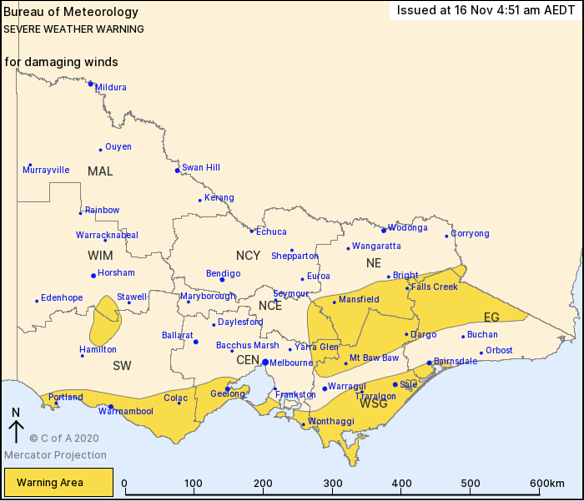 Areas impacted by a severe weather warning for damaging winds on Monday.
