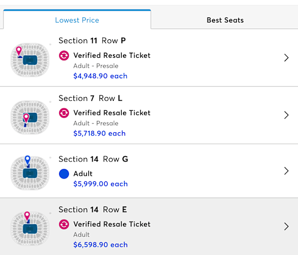 A screenshot of ticket prices to the men’s final, as of Saturday afternoon.