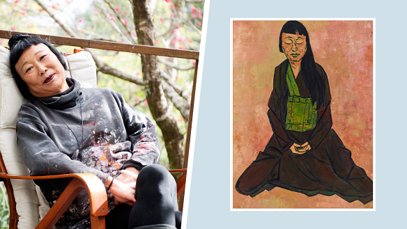 Lindy Lee with the 2019 Archibald-winning portrait by Tony Costa.