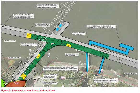 Large parts of the proposed Riverwalk design had to be positioned over the river due to private-owned waterside properties.