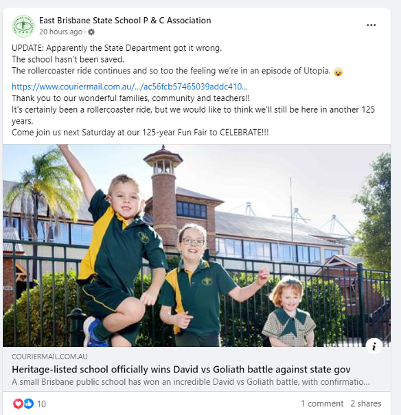The school posted the original Courier-Mail article on their Facebook page.