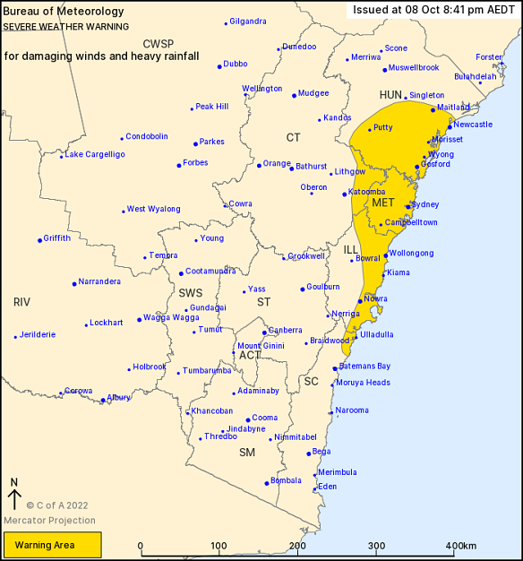 The area the Bureau of Meteorology warned will be affected by heavy rainfall and damaging winds.