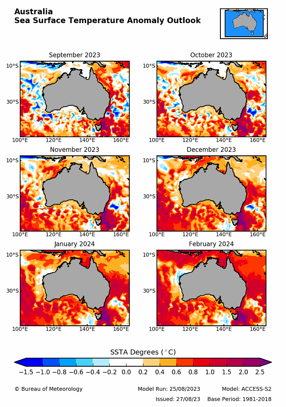 The ocean temperature forecast for the coming months shows above-average temperatures around all of Australia.