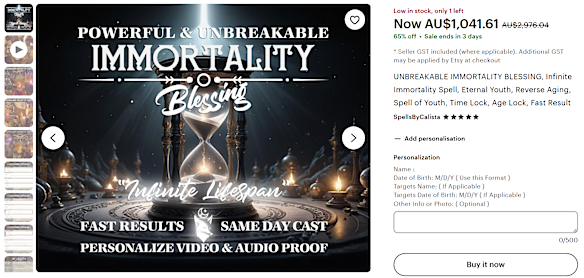 The “powerful and unbreakable” immortality blessing usually retails for $2976 on Etsy.