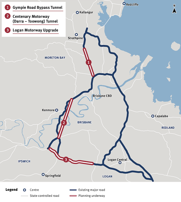 How the government suggests the proposed Centenary Motorway bypass tunnel could work to help create a long-touted “western bypass” of Brisbane.