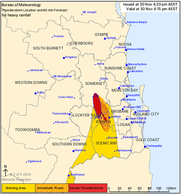 The latest weather warning issued by the Bureau of Meteorology. 