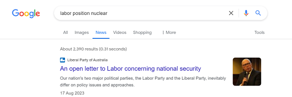 Google News results for the search “Labor position nuclear”.